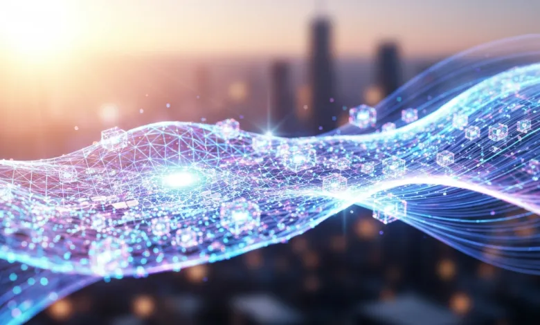 Abstract digital wave with glowing cubes over blurred cityscape.