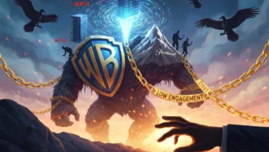 A gorilla with Warner Bros. shield, chained with 'Debt' and 'Low Engagement' labels.