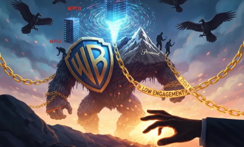 A gorilla with Warner Bros. shield, chained with 'Debt' and 'Low Engagement' labels.
