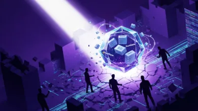 Abstract digital landscape with figures surrounding a glowing crystal.