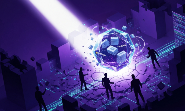 Abstract digital landscape with figures surrounding a glowing crystal.