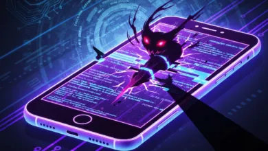 Malware bursts from a cracked smartphone screen in a digital attack.