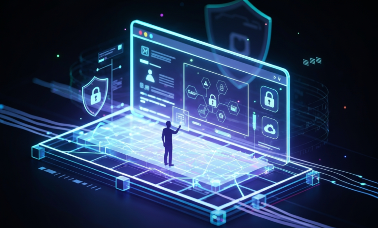 Glowing digital interface with security icons and a person interacting with the screen.