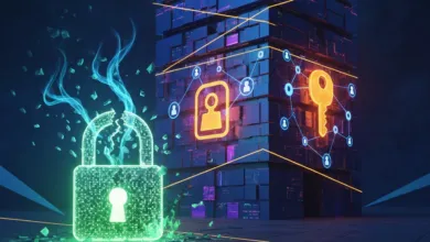 Broken digital padlock with key and user icons, symbolizing data breach.