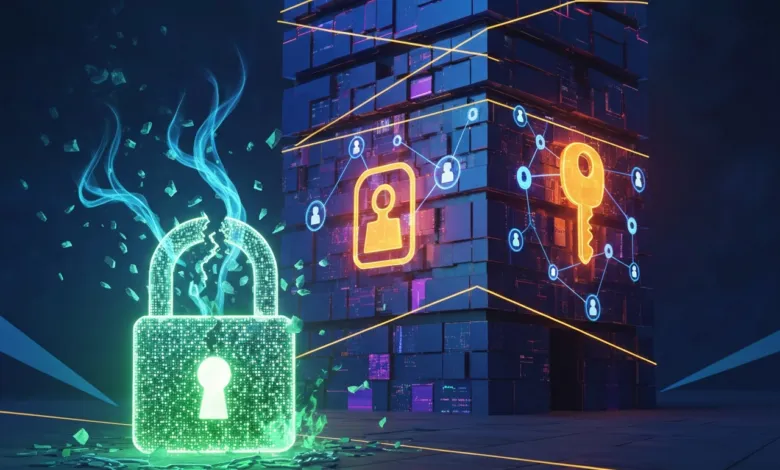 Broken digital padlock with key and user icons, symbolizing data breach.