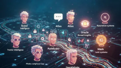 AI agents and data visualization on a circuit board background.