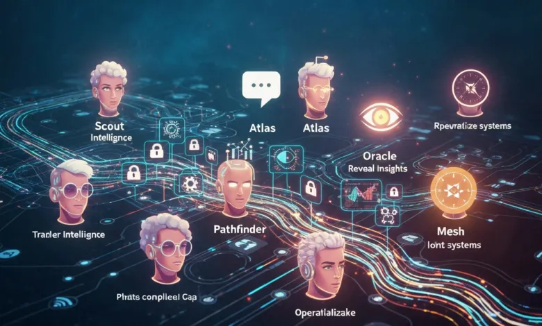 AI agents and data visualization on a circuit board background.