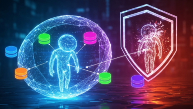 Digital human inside sphere connected to data, protected by shield.