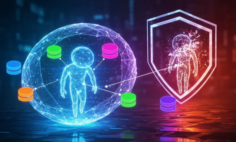 Digital human inside sphere connected to data, protected by shield.