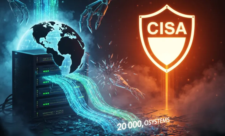 Cybersecurity concept: server, globe, robotic hands, CISA shield.