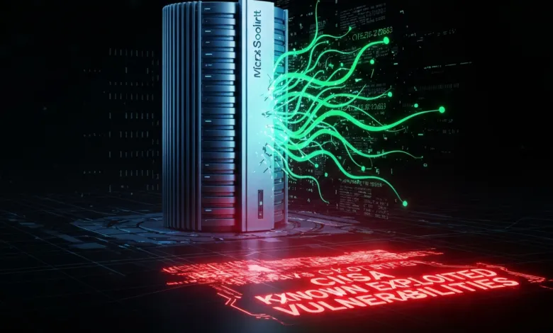 Server with green data streams and red text 'Known Exploited Vulnerabilities'.