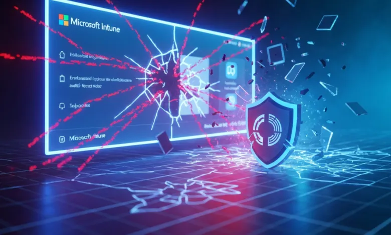 Microsoft Intune screen shattered, security shield in foreground.