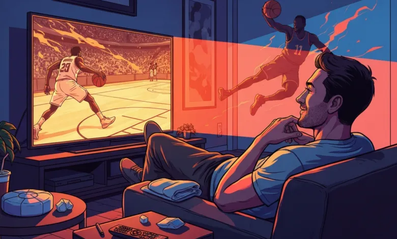 Man relaxing on couch watching basketball game on large TV screen.