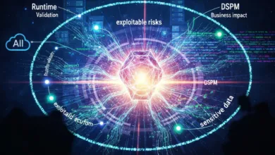 Abstract data security visualization with glowing lines and text labels.