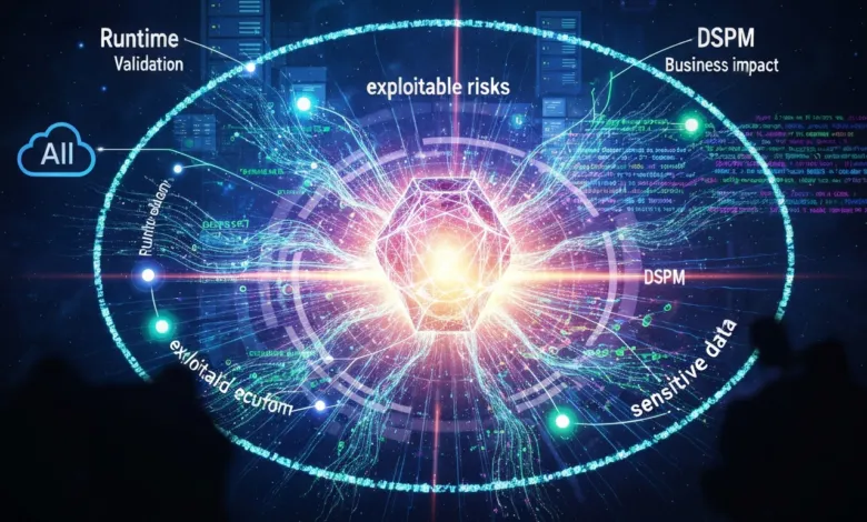 Abstract data security visualization with glowing lines and text labels.
