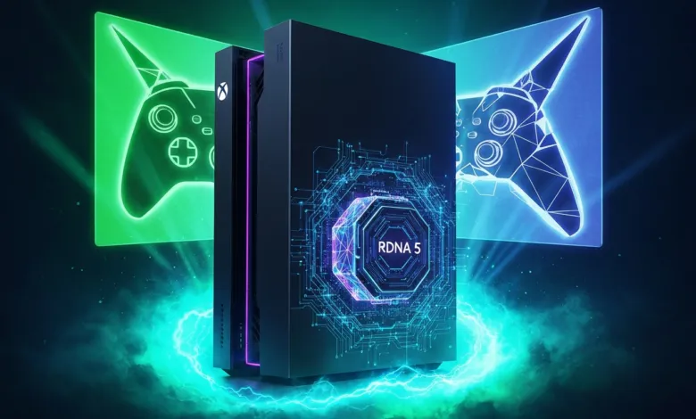 Xbox Series X console with RDNA 5 graphic and controller outlines.