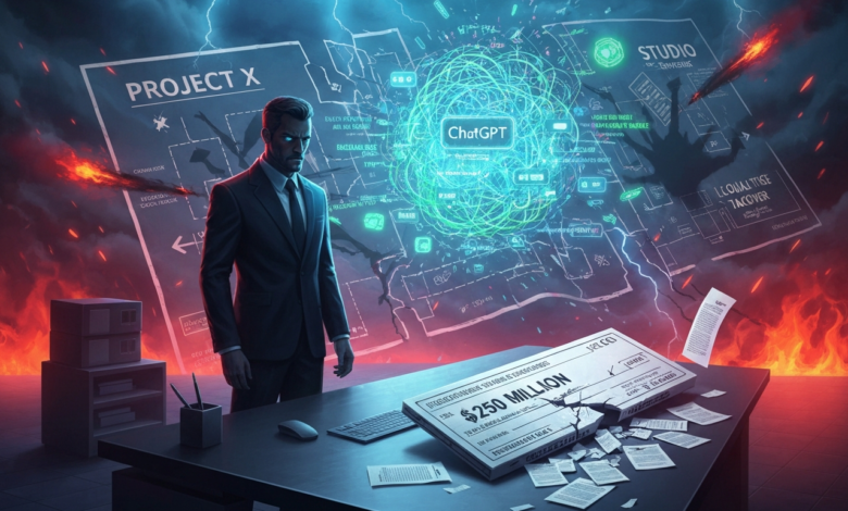 Man in suit stands before ChatGPT project amidst chaos, check for $250M.