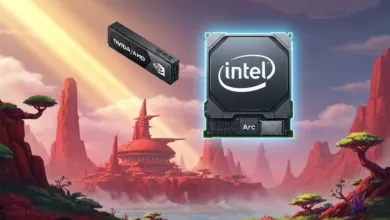 Nvidia/AMD and Intel Arc GPUs floating over a red landscape.