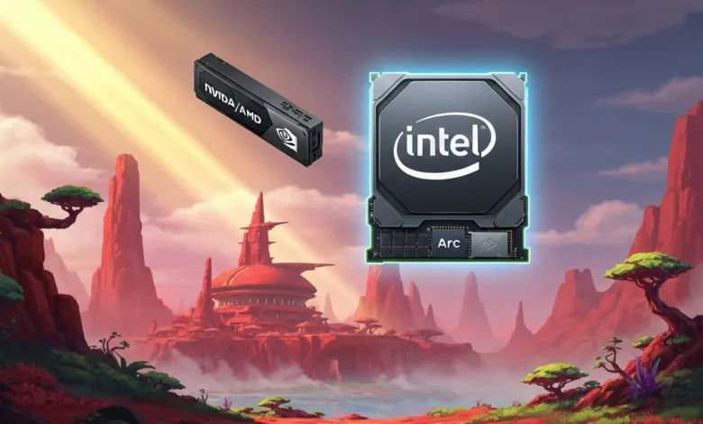 Nvidia/AMD and Intel Arc GPUs floating over a red landscape.