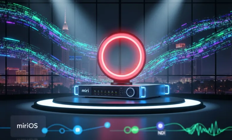 Miri device with red ring light on a stage, city skyline background.