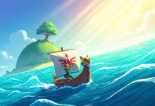 Link from Zelda sails the King of Red Lions across a bright blue ocean towards a green island.
