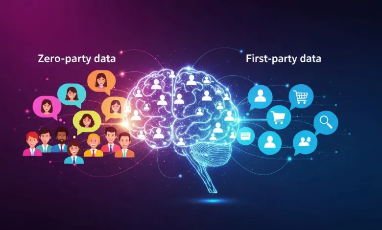 Brain graphic showing zero-party and first-party data with people icons and speech bubbles.