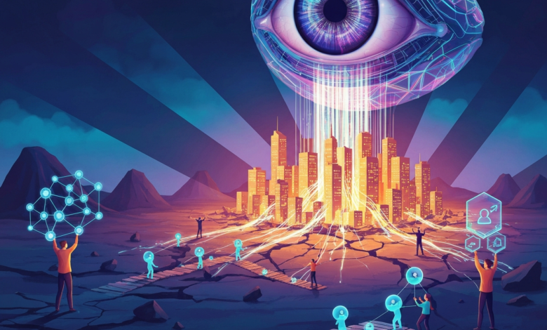 Surreal cityscape under a watchful eye, connected by digital networks.