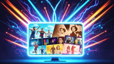 Glowing screen displays various movies and shows with vibrant neon effects.