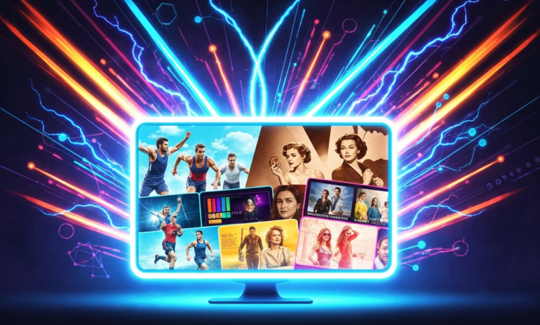 Glowing screen displays various movies and shows with vibrant neon effects.