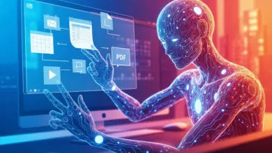 Futuristic humanoid interacting with a digital interface on a computer screen.