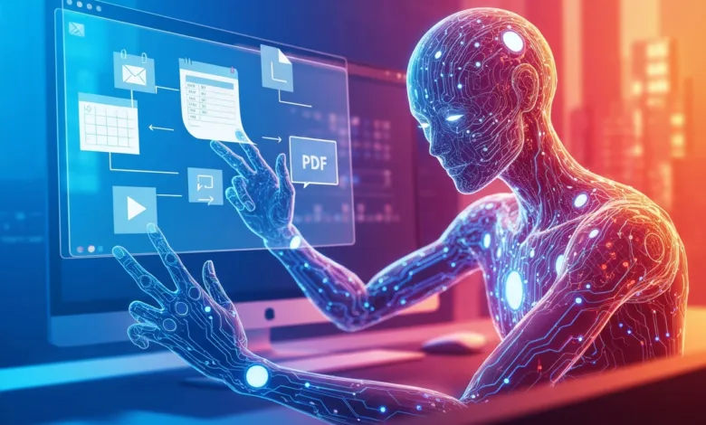 Futuristic humanoid interacting with a digital interface on a computer screen.