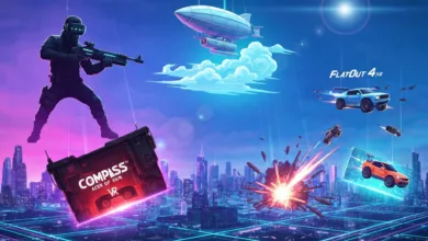 Futuristic VR game scene with soldier, airship, cars, and city skyline.