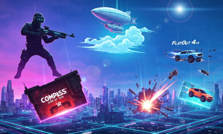 Futuristic VR game scene with soldier, airship, cars, and city skyline.