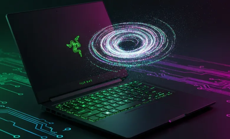 Razer Blade laptop with glowing keyboard and swirling particle effect on screen.