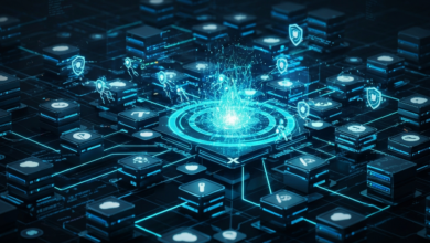 Abstract digital network with glowing nodes and connection lines.