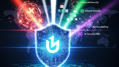 Digital shield with circuit board design protecting a world map from cyber threats.