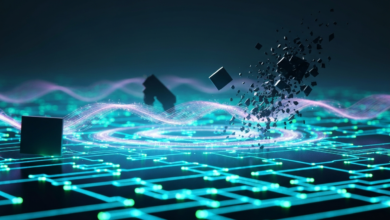 Abstract digital landscape with glowing circuits, cubes, and particle effects.