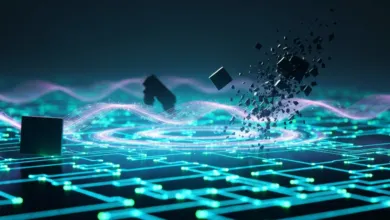 Abstract digital landscape with glowing circuits, cubes, and particle effects.