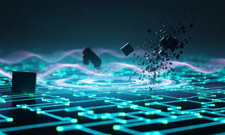 Abstract digital landscape with glowing circuits, cubes, and particle effects.