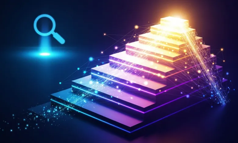 Abstract glowing staircase with search icon, representing data analysis.