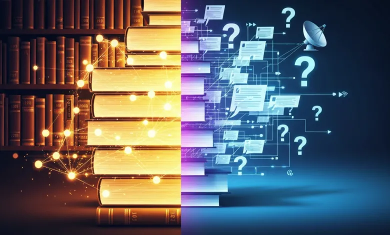 Bookshelf transitioning to digital data with questions and satellite.