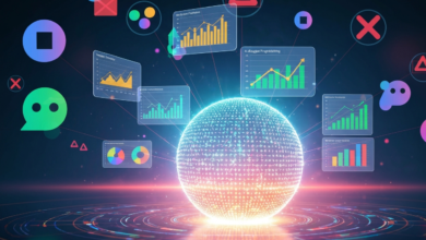Data visualization with glowing sphere, charts, and colorful icons.