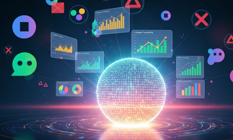 Data visualization with glowing sphere, charts, and colorful icons.