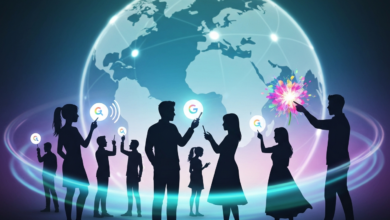 Silhouetted people interact with Google icons against a world map backdrop.