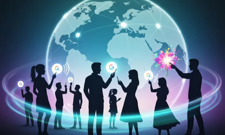Silhouetted people interact with Google icons against a world map backdrop.