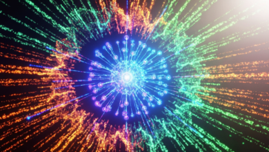 Abstract glowing sphere with radiating lines in green, orange, and blue.