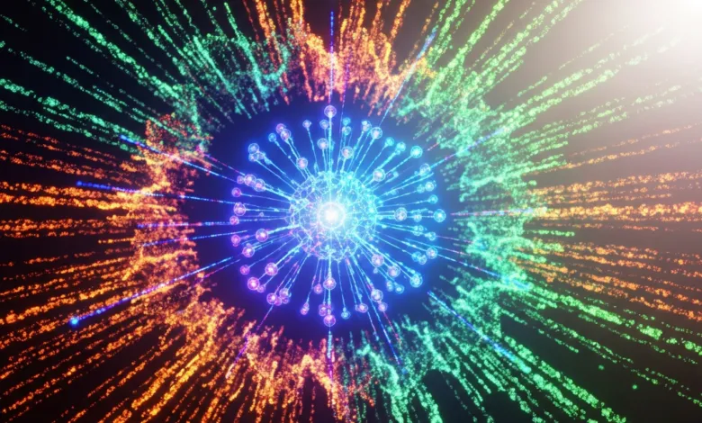 Abstract glowing sphere with radiating lines in green, orange, and blue.