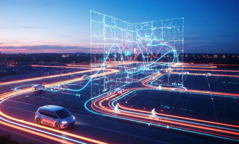 Futuristic city with self-driving cars and cyclists, glowing data overlay.