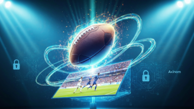 Futuristic football image with stadium screen and glowing effects.
