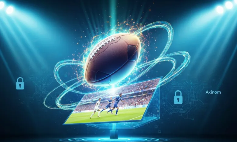 Futuristic football image with stadium screen and glowing effects.